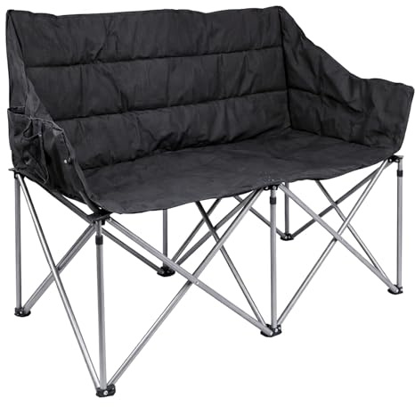 Harbour Housewares Folding Double Camping Chair – Black - 2 Seater Padded Outdoor Chair, Steel Frame, Foldable Portable Seating, Garden, Festival, Picnic & Beach Chair with Carry Bag & Storage Pockets