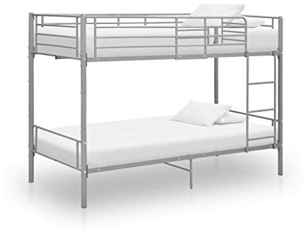 Pyvara Våningssäng, grå, metall, 90 × 200 cm med ribbotten, robust barnsäng med säkerhetsräcke, stabil stege, platsbesparande sängram för ungdomsrum, sovrum
