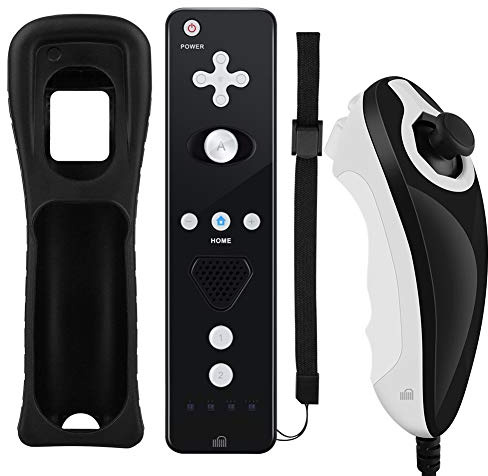 GN-010RNB Unique design Built-in Motion Plus Wireless Remote and Nunchuck Controller with Silicone Case & Wrist Strap for Nintendo Wii and Wii U (Design-B Black)