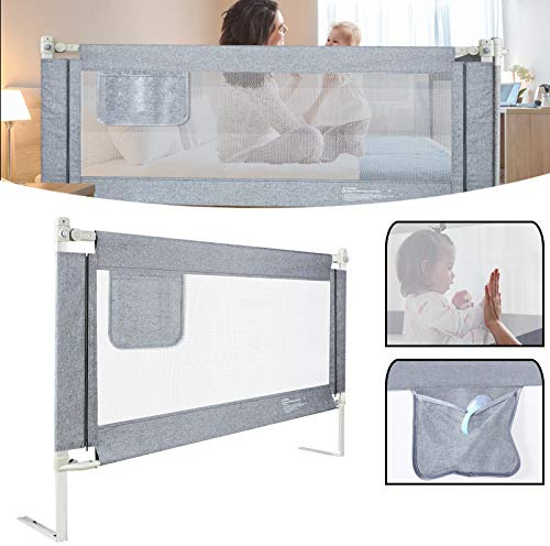 AufuN Barrera de cama portátil para cuna, rejilla de seguridad para elevación vertical, rejilla para cuna de bebé, protección contra caídas (150 cm, gris)