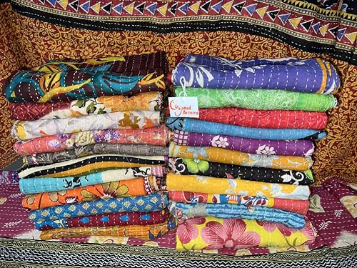 Gajanad Artistry 5 Piece Set Handmade Indian Vintage Kantha Quilts Reversible Bohemian Home Decor Blanket Bed Sheet Quilt for Sale – Assorted Color Twin Size 85X55 Inches
