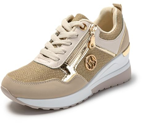 JOMIX Baskets Femmes Compensées Sneakers Casual Chaussures élégantes Confortable Respirant Marche Fitness Gymnastique (Beige, 36)