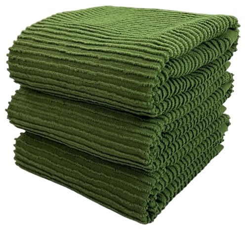 Avocado Forest Green Kitchen Hand Dish Towels: Oversized 28 x 18,100% Cotton Cloth Soft Cleaning Drying Absorbent Ribbed Design, Set of 3 Multipurpose for Everyday Use (Moss Green)