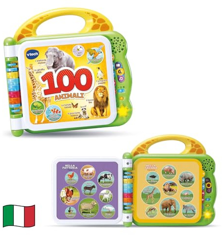 VTech Libro Illustrato Bilingue - 100 Animali, Bilingue per Bambini, Animali per Bambini, Sensoriale in Italiano e Inglese, Libro Neonato con 3 Modalità, Batterie Incluse, 2-5 Anni