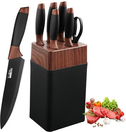 Kitchen Knife Set with Black Nonstick Coating, 7 Pieces Knife Set with Block, Ergonomic Sharp Knives for Kitchen and Dishwasher Safe