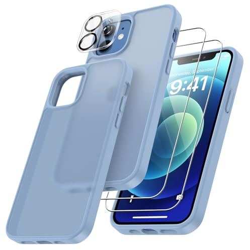 FLLAO 4 en 1 Funda para iPhone 12 con 2 Protector Pantalla y 1 Protector Lente Cámara, [Almohadilla de Aire integrada] Antigolpes Antiarañazos Carcasa 6,1 Pulgadas, Azul Claro