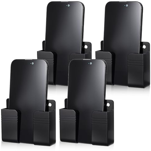 Gjinxi 4 Pack Wall Mounted Phone Holder, Phone Stand Self Adhesive with Charging Hole, Compatible with iOS and Android Phone Cradle Bedside Organizer Remote Control Stand for Home Office