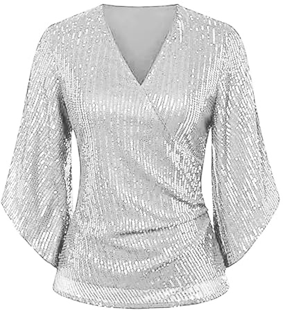 Haut à paillettes pour femme - Haut imprimé à paillettes - Haut avec ceinture à la taille - Col en V ample - Haut à paillettes - Épaules dénudées - Robe fantaisie graphique - Boîte de nuit