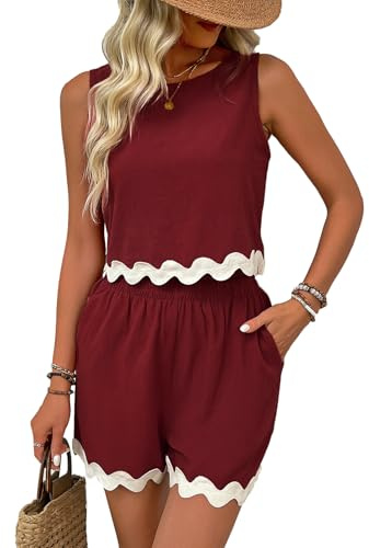 Rayson Conjunto de 2 Piezas Mujer Verano Casual Top Sin Mangas y Cortos con Bolsillos Borde Ondulado Clásico y Versátil