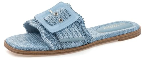 Rihero Womens Flat Sandals Raffia Slip On Beach Slides Square Open Toe Comfortable Summer Buckle Woven Blue Slide Sandals Blue Size 9