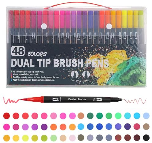 sanvpwsan 48 Dual Felt Tip Pen, Colouring Pens for Adults and Kids, Colors Fine & Brush Tip, Brush Markers Pens for Coloring, Drawing, School Supplies, Scrapbook, DIY Projects