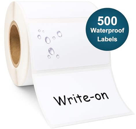 Blank Waterproof Label Stickers, White Write-On Polypropylene Labels with Strong Permanent Adhesive, 70mm x 40mm (2.8” x 1.6”), 500/Roll, Durable for Bottles, Storage Bins, Pantry & Cleaning Supplies