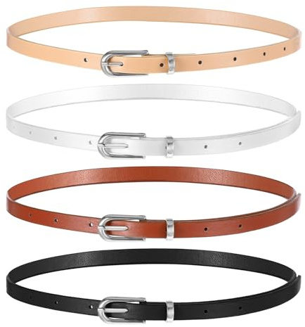 Wanmu 4 Pack Women Skinny Leather Belt for Dresses, 41 Inches Vintage Thin Waist Belt with Silver Metal Buckle for Ladies, Dresses, Pants (White, Black, Cream Color, Coffee)