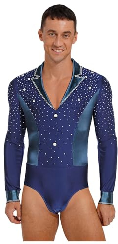 Fldy Body de danse à manches longues pour homme - Col en V - Paillettes - Avec revers - Pour gymnastique, patinage sur glace, ballet, danse, Bleu marine, L