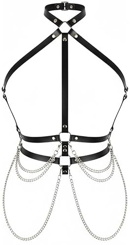 Zac's Alter Ego Gothic Leather Body Harness, Black, Metal Chain Belt with Adjustable Buckles, O-Rings, Festival Clubwear Costume