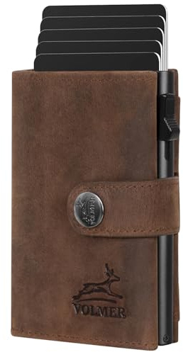 Fa.Volmer ® POP-UP Kartenetui mit Münzfach aus Echtleder für Herren & Damen | 12 Karten | RFID Schutz | Geldbörse VO45 (Hunter Brown, Kleines Münzfach)