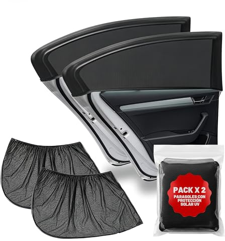 Pack 2 Parasoles Coche Laterales - Protector UV - Funda Ajustable Elastica para Ventanillas Traseras y Laterales - Quitasol Efecto Mosquitera - Parasol para Bebe, Niños y Mascotas