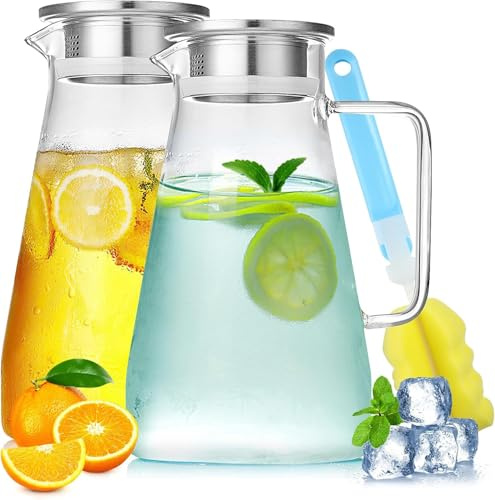2PCS 2.3L Caraffa in Vetro Borosilicato Trasparente Con Coperchio e Spazzola per Acqua Calda/Fredda, Vino, Caffè, Latte e Succo