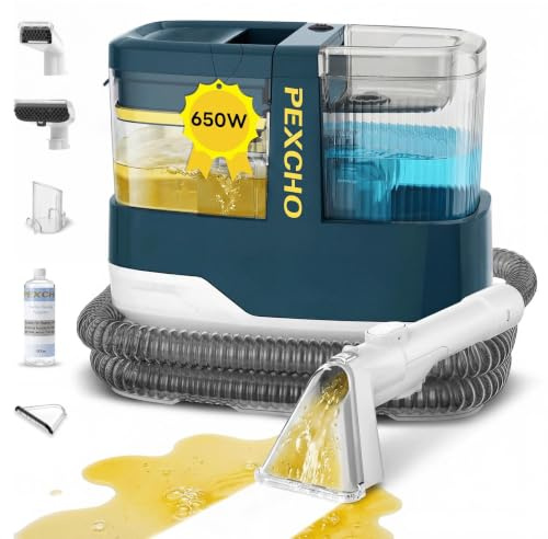 PEXCHO Limpiador de Tapicerias 18kPa Aspiradora de Agua Tapiceria 650W Maquina Limpia Tapicerias para Sofas Alfombras Coche Colchones y Mascotas con Autolimpieza,Depositos Extraibles,Tubos flexibles