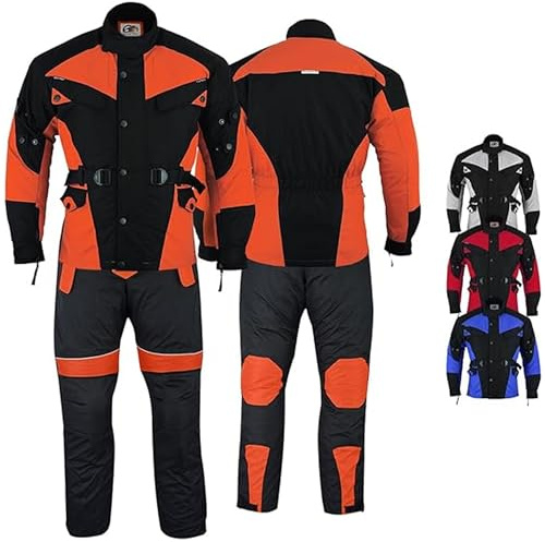 Motorradkombi Herren 2-teiler mit 6CE-Protektoren Motorradanzug Textil Winddicht Motorradjacke & Motorradhosen-Set - aus 4 Schichten Abnehmbar Thermofutter - insgesamt 9 Taschen - Orange - 62