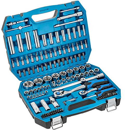 Högert Technik - Caja de Herramientas, Juego de Herramientas, Maletin Herramientas, Llaves de Vaso, Puntas y Accesorios 1/4” y 1/2”, Acero Cr-V - HT1R440, 144 Piezas