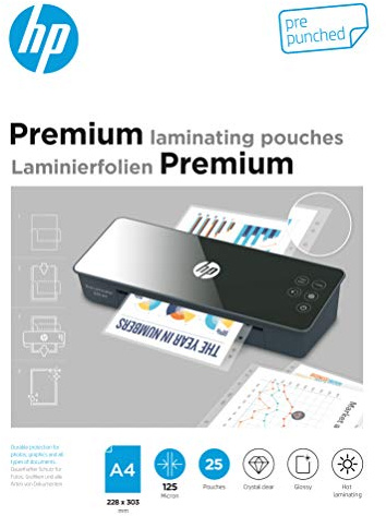 HP Premium lamineringsfolier, DIN A4, med perforering, 125 mikron glänsande, för varm laminering, 25 stycken, 9122