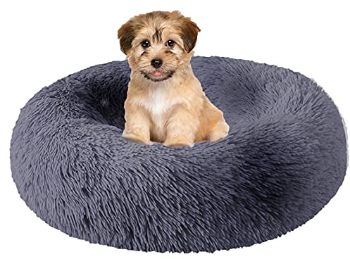 fireowl XL Dog Bed Calming - 80 * 80 * 20cm Washable Donut Cushion, Fluffy Plush Round Cat Bed, Non-Slip Bottom - Warm and Soft Faux Fur Orthopedic Pet Cosy Anti Anxiety Beds Improved Sleep, Grey