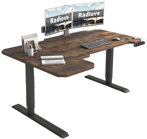 Radlove 140 cm stort elektriskt höjdjusterbart L-format skrivbord för dator, med minneskontroll, stående hörn, modern arbetsstation med skarvbräda, ergonomiskt (svart ram + rustik brun topp)