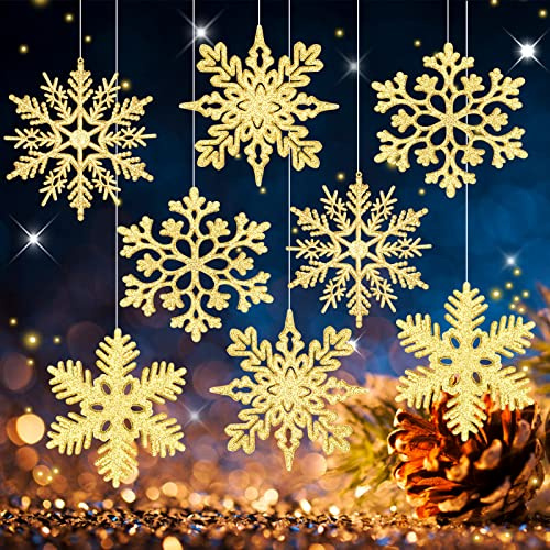 MIAHART Confezione da 40 Ornamenti di fiocchi di neve dorati di Natale 4 pollici Ornamenti di fiocchi di neve glitterati in plastica dorati per decorazioni per alberi di Natale Forniture
