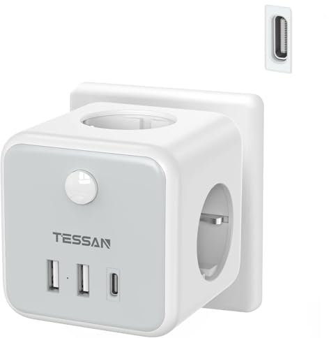 TESSAN Ladron Enchufes con USB C, 6 en 1 Cubo Cargador Ladrón Enchufes, Triple Multiple con 3 USB, Multiple Pared con Interruptor, Regleta Pared Compatible con Phone, Pad, Hogar Oficina
