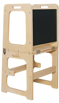 Torre de Aprendizaje de Madera para Bebés Montessori Robincool Evolutive II 43x40x86cm Convertible en Mesa y Silla 3 en 1 | Barra de Seguridad | Pizarra | Escalera Evolutiva Modular para Niños