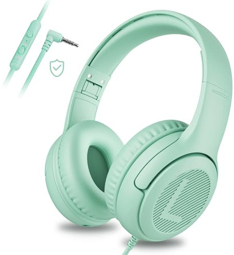 awartue Auriculares Niños con Cable Audio 3.5mm, Volumen Limitado 85/94dB, Diadema Ajustable Almohadillas Suaves, Cascos Infantiles para Clases Online/Viajes/Estudi, Verde