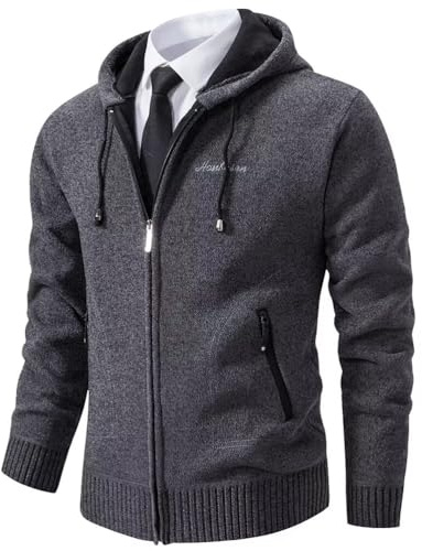 Shuanghao Men's Cardigan Sweater Knitwear Jacket Coat Classic Casual Thick Velvet Wool Fleece Warm Long Sleeve Relaxed Fit Zipper Knitwear Sweatshirt Active Sweater for Men UK Gray S(Hooded)
