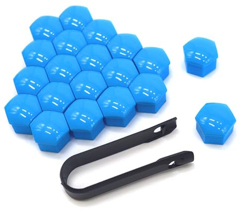 QitinDasen 20 Pezzi 17 mm Auto Ruote Copridado, Tappo Dado Bullone Ruota, Tappo a Vite Mozzo Ruote Auto Universale, Coperchio Dado Pneumatico Esagonali con Strumento di Rimozione (Blu)