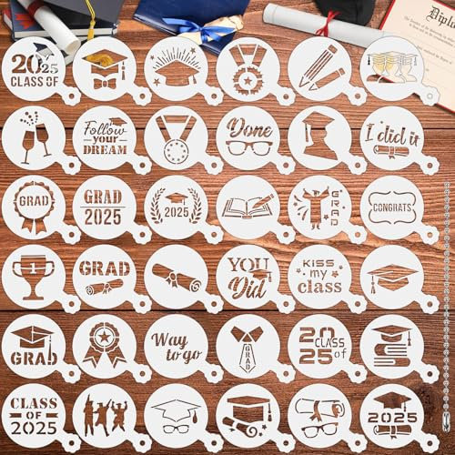 JULBEAR Graduation Cookie Stencils, 36 Pieces Class of 2026 Reusable Coffee Decoration Stencils Templates Tools for Cookies Baking Painting Dessert Decoration DIY Graduate Party Decor