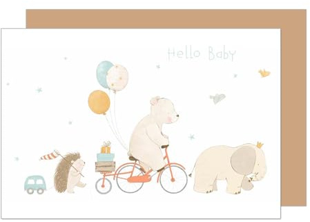 Edition Seidel Tarjeta de felicitación para nacimiento premium con sobre. Tarjeta de bebé de eventos Billet Hello Baby animales globos niño niña (E278 SW024)