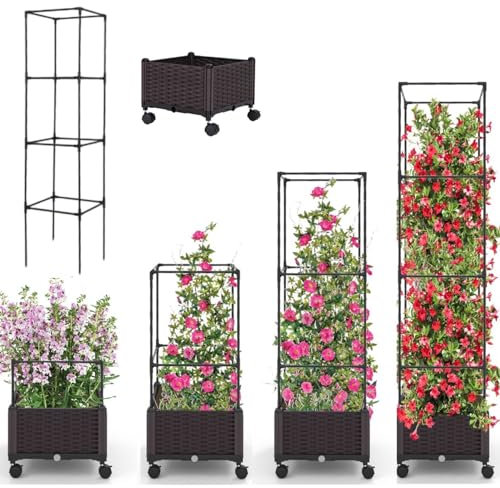 TANGZON Raised Garden Bed Planter Box with Trellis, Self-Watering Tomato Planter Box with 4 Heights & PE-Coated Metal Tubes, Indoor Outdoor Vertical Planter on Wheels for Climbing Vegetable Flower