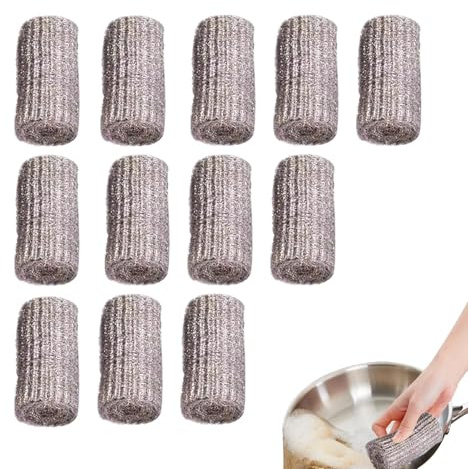 WJnflQN Stahlwolle-Schrubberpad,Stahlwolle-Topfschrubber - 12X Scheuerpads,Reinigungsschrubber, Haushaltsreinigungsgerät zum Reinigen von Geschirr, Töpfen, Pfannen, Grills