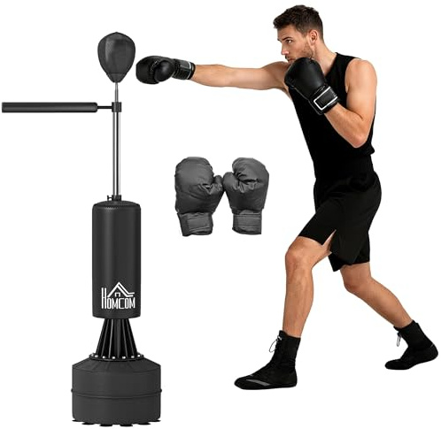 HOMCOM Sac de Frappe sur Pieds Punching Ball brunier 3 en 1 avec Ballon de Vitesse Bras Flexible Rotatif Hauteur réglable revêtement synthétique Base HDPE dim. 88L x 48l x 155-205H cm Noir