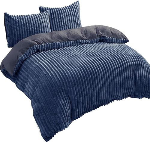 Leonado Vicenti Biancheria da letto in cashmere Touch Teddy, set di 3 pezzi, 200 x 200 cm, effetto corda, invernale, in pile corallo caldo, blu scuro, reversibile