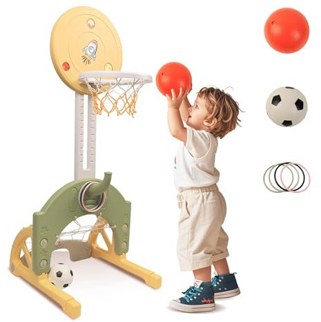 hoopyosms 3-in-1 Kinder Basketballkorb Set, Höhenverstellbarer Basketballständer mit Fußballtor und Ringwurf, Mini Basketballkorb, Kinder Spielgeräte für Indoor und Outdoor, Grün