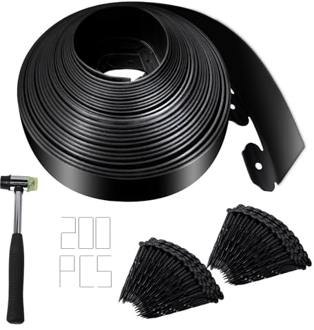 SDLDEER Borde de jardín para césped, 20 m de largo x 5 cm de alto, borde de plástico flexible para jardín con 200 clavijas, borde de césped para borde de cama de flores, césped y caminos
