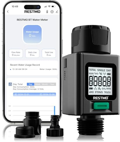 RESTMO Misuratore di flusso d'acqua intelligente rubinetto tubo da giardino adattabile a 180°, misura gallone/litro e tasso di irrigazione
