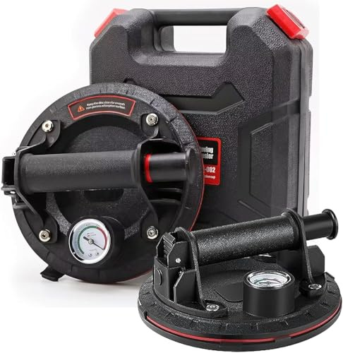 UCMDA Ventosa Sottovuoto con Manometro - 2 Pezzi Ventose per Vetro 8, Ventose per Piastrelle con Cassetta Attrezzi Carico 220KG per Marmo/Vetro/Piastrelle Sollevamento e Movimentazione dei Materiali