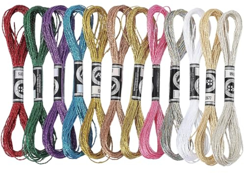 CABODYALS 12 madeja de Hilo Metálico de 12 Colores para Bordar, Punto de Cruz, Purpurina, Hilo de Poliéster para Costura, Pulseras de la Amistad, Decoración Hecha A Mano, Manualidades.