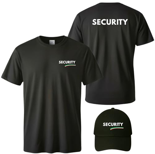 Hole Gadget | T-Shirt Security Nera Uomo Maglietta Maniche Corte Divisa Operatore di Sicurezza t Shirt con Stampa Fronte e Retro più Berretto Abbigliamento Staff (IT, Testo, XXL, Regular, Regular)
