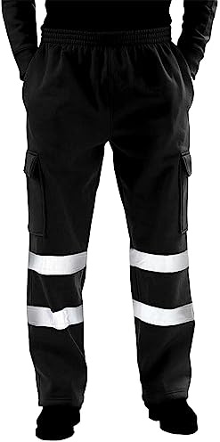 Pantalon de travail haute visibilité avec bandes réfléchissantes, pantalon cargo de sécurité multi-poches à taille élastique pour la construction, le travail sur route, Noir , L