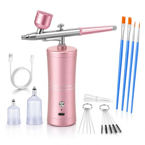 Uadme Kit de Aerógrafo con Compresor de Aire, Pistola de Cepillo de Aire Recargable Portátil Inalámbrico con Boquilla de 0,4mm, Aerografo para Uñas, Pintura, Tatuaje (Rosa)