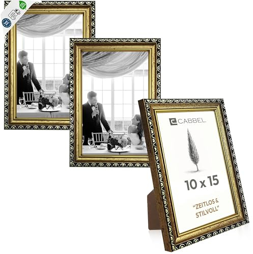 CABBEL Bilderrahmen CELI 10x15 cm 3-Pack Gold – Barock Vintage Rahmen im Antik Look – Dekorativer Fotorahmen mit bruchsicherem Acrylglas – Für Fotos, Poster & Urkunden – Elegant für Wohnzimmer & Büro