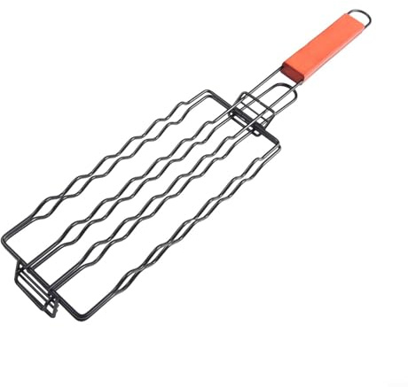 Cesta de acero inoxidable con mango de madera resistente al calor para perros calientes, verduras y carne, compatible con parrillas de gas, carbón e infrarrojos